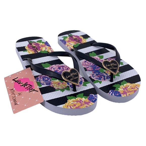 Luv Betsey Johnson Ariah Floral Stripe Flip Flop Sandals Heart Logo Womens Sz 8 - Picture 3 of 6